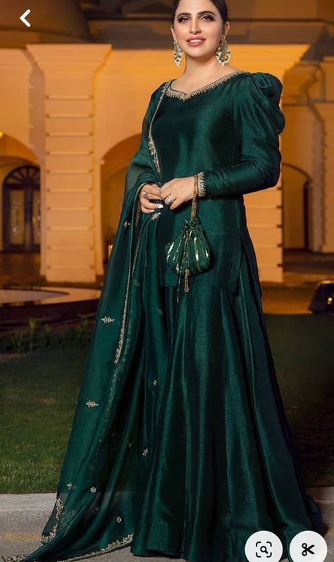 Green Pakistani Dress Party Wear, Green Lehnga Dress Simple, Green Frock Suit Design, Raw Silk Sharara, Shaadi Vibes, Faiza Saqlain, Simple Suits, Silk Sharara, Mehndi Outfits