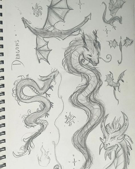 Dragons :) #art #artwork #portrait #sketch #sketchbook #drawings #sketching #dragon #pencilsketches Simple Mythical Creature Drawings, Coatyl Dragon Drawing, Three Headed Dragon Drawing, Acotar Sketches, Water Dragon Sketch, Dragon Drawing Sketches Simple, Mythical Creatures Sketches, Cool Art Drawings Ideas Sketches, How To Draw A Dragon Step By Step