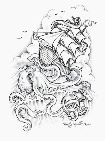 Octopus with ship Fear Tattoo, Kraken Tattoo, Octopus Tattoo Design, Pirate Tattoo, Octopus Tattoos, Kunst Tattoos, Theme Tattoo, Nautical Tattoo, Ship Tattoo