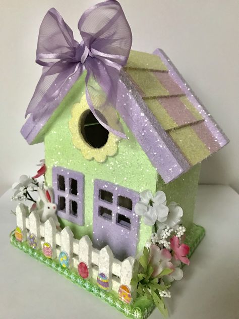 Easter House, Easter Village, Peep Houses For Easter, Bird House Christmas Village, Easter Village Houses, Dollar Tree Easter Crafts, Easter Centerpieces Diy, Modern Easter, Bird Houses Ideas Diy