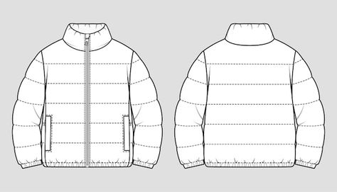 Puff Jacket Drawing, Puffer Jacket Drawing Reference, Puffer Jacket Technical Drawing, Puffer Jacket Flat Sketch, Puffer Jacket Mockup, Puffer Jacket Illustration, Puffer Jacket Sketch, How To Draw Jackets, Puffer Jacket Drawing