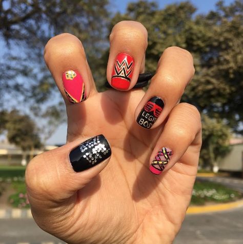 Sasha Banks nails, WWE nailart, wwe nails, glitter nails. Wwe Nails Designs, Wrestling Nails, Wwe Nails, Wwe Outfits, Wwe Sasha Banks, Nail Board, Polish Nails, Celebrity Guys, Nail Pictures