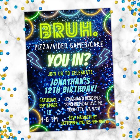 Introducing our "Bruh You In?" Boys Birthday Invitations – the ultimate choice for throwing a memorable and electrifying birthday party! Step into a world of vibrant colors and neon lights that will instantly set the tone for an epic celebration. Our invitations feature a mesmerizing neon glow lights design that captures the essence of fun and excitement. Perfect for Various Birthday Themes: Whether your child is a gaming enthusiast, a laser tag warrior, an arcade aficionado, or simply loves mov Teen Boy Birthday, Roller Skating Party Invitations, Arcade Birthday Parties, Teenage Party, Green Funny, Laser Tag Party, Neon Birthday Party, Laser Tag Birthday, Glow Birthday Party