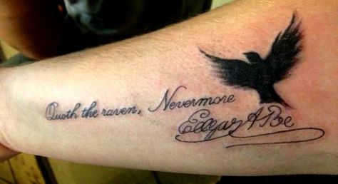 Quoth the raven, Nevermore Edgar Allan Poe Tattoo Army Navy Tattoo, Williamsburg, VA  #edgarallanpoe #theraven #nevermore #tattoo #forearm Nevermore Tattoo Ideas, Quoth The Raven Nevermore Tattoo, Nevermore Tattoo Raven, Edgar Allan Poe Tattoos, Edgar Allan Poe Tattoo Ideas, Raven Nevermore Tattoo, Nevermore Tattoo, Edgar Allan Poe Tattoo, Edgar Allen Poe Tattoo