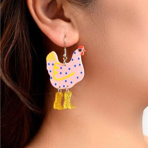 Brand New Handmade Earrings Will Come In Personal Packaging Silly & Cute Chicken Earrings Pink With Blue Details Glitter Boots Dangle Earrings Send Me Offers! Instagram In Bio! Silly Earrings, Chicken Earrings, Quirky Accessories, Teacher Earrings, Earring Inspo, Funny Earrings, Cute Chicken, Closet Collection, Geek Jewelry