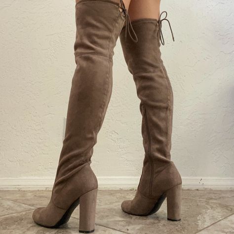 Brand New Suede Light Brown/Tan Heeled Thigh High Boots. Stylish And Super Comfortable, With Easy Zip Up And Tie On The Back. No Scuffs, Brand New. Size 7. Light Brown Heels, Brown Thigh High Boots, Light Brown Boots, Tommy Hilfiger Boots, Knee High Heel Boots, Long Leather Boots, Wide Calf Riding Boots, Brown Heeled Boots, Knee High Heels