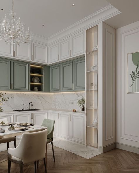 Modern Classic Dining Area, Kitchen Neoclassic Interior Design, Beautiful Kitchens Luxury Modern, Kitchen Design Vintage, Neo Classic Kitchen, Neoclassical Kitchen, Toilet Design Modern, Classical Kitchen, Chic Chandelier