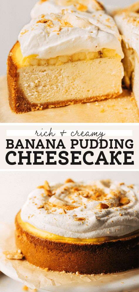 This banana pudding cheesecake is next level! Sweet and creamy roasted banana cheesecake is baked with a Nilla wafer crust and topped with sliced bananas, vanilla pudding, and a mound of soft whipped cream. #bananapudding #bananacheesecake #cheesecake #butternutbakery | butternutbakeryblog.com Banana No Bake Cheesecake, Roast Bananas, Banana Pudding Crunch Cheesecake, Vanilla Pudding Cheesecake, Banana Cream Pie Cheesecake, Banana Cheesecake Pudding, Banana Cheesecake Recipe, Banana Pudding Cheesecake Recipe, Nilla Wafer Crust