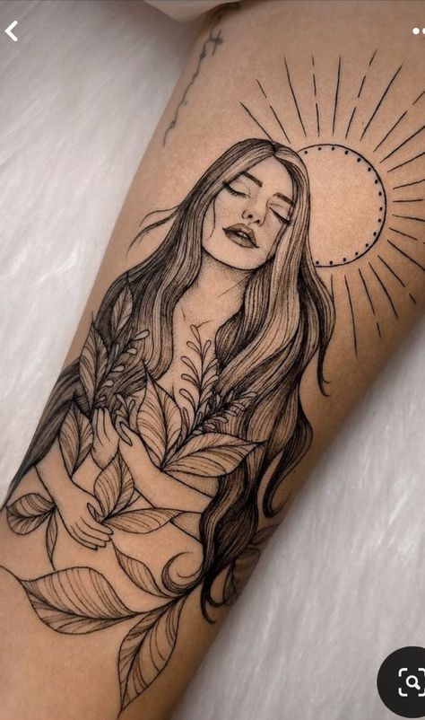 The Sun Tattoo, Free Spirit Tattoo, Arm Sleeve Tattoos For Women, Mother Nature Tattoos, Nature Tattoo Sleeve, Spirit Tattoo, Light Tattoo, Goddess Tattoo, Theme Tattoo