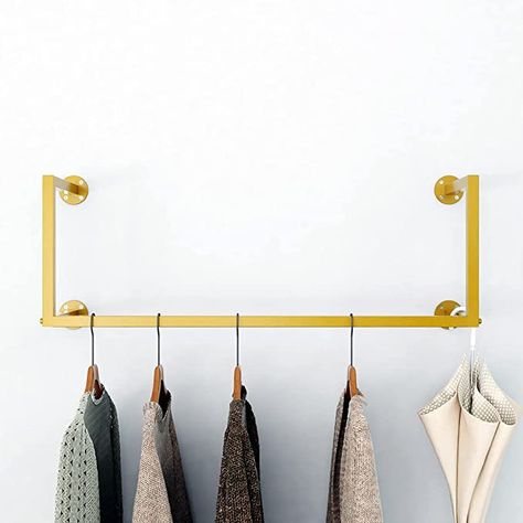 Amazon.com: Gold Clothing Rack,Wall-Mounted Clothes Rack,Modern Clothes Hanging Bar Space-Saving, Vintage Retail Garment Rack : Home & Kitchen White Clothes Rack, Ikea Clothes Rack, Gold Clothing Rack, Shoes Rack Ideas, Wall Clothing Rack, Closet Shoe Rack, Modern Clothing Rack, Shoe Rack Ideas, Industrial Shoe Rack