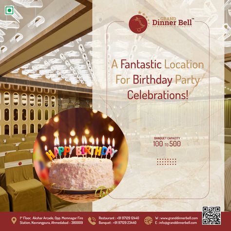 A fantastic location for Birthday Party Celebrations! #Granddinnerbell #Dinnerbell1 #Restaurant #Banquet #Memnagar #Ahmedabad #mexicanfood #italianfood #birthday #kitty #party #celebration #ringceremony #wedding #reception #anniversary #babyshower Birthday Kitty, Vinayaka Chavithi, Rings Ceremony, Dinner Bell, Kitty Party, Birthday Party Celebration, Party Celebration, Banquet Hall, Creative Ads