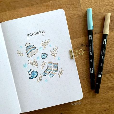 Tea (@teanbujo) • Instagram photos and videos Journal Setup Ideas, New Year Bullet Journal, Year Bullet Journal, January Bullet Journal, Bullet Journal Setup, Bullet Journal 2019, Doodle Art Flowers, Bullet Journal Cover Page, Bullet Journal Tracker