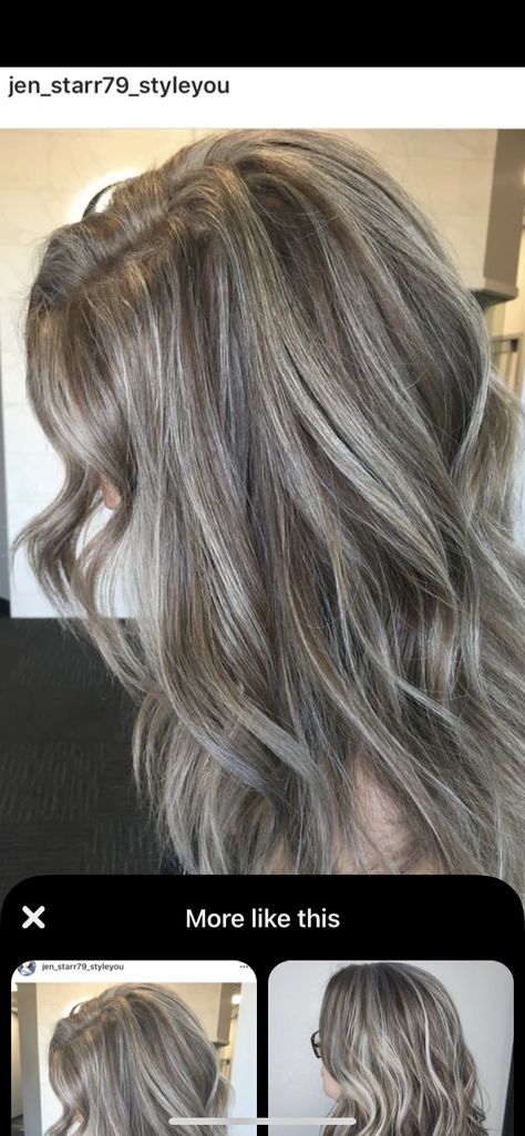 2023 Hair Color Ash Blonde, Gray Hair Brown Lowlights, Blonde With Ashy Brown Lowlights, Gray Hair Highlights Lowlights Ash Brown, Gray Blended Highlights, Babylights Grey Blending, Ash Brown With Platinum Highlights, Blending White Hair, Gray Highlights On Blonde Hair