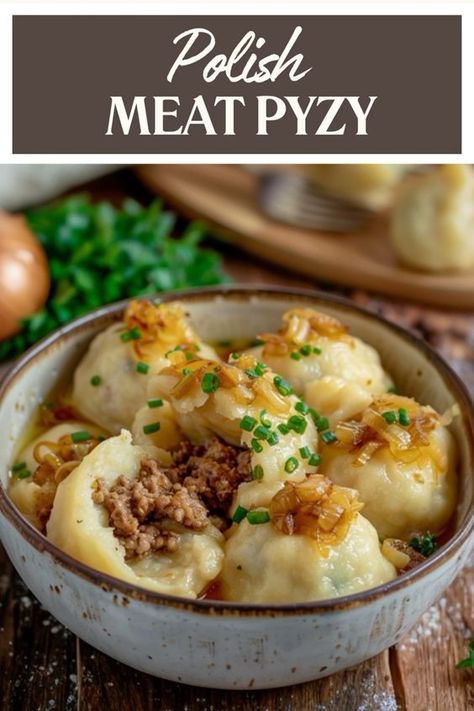 Savor the delicious taste of Traditional Polish Pyzy, potato dumplings filled with savory meat! This simple recipe is perfect for a hearty family dinner, bringing the authentic flavors of Polish cuisine to your table. Enjoy these comforting and satisfying dumplings. #Pyzy #PolishCuisine #PotatoDumplings #MeatFilling #TraditionalRecipe #FamilyDinner Polish Potato Dumplings, Polish Food Traditional, Eastern European Recipes, Potato Dumplings, Polish Food, How To Cook Potatoes, Polish Recipes, European Food, Russian Recipes