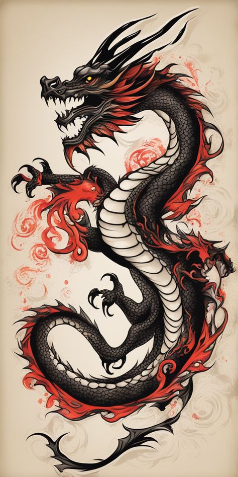 This image showcases a vibrant, stencil-style dragon tattoo design. The majestic creature is illustrated in striking color combinations and intricate details over a blank canvas, radiating a strong and fierce aura. Welsh Dragon Tattoo For Men, Dragon On Fire Tattoo, Fire Dragon Tattoo, Black And Red Dragon, Dragon Colors, Lil Tattoos, Dragon Tattoo Stencil, Flaming Dragon, Dragon Tattoo Drawing