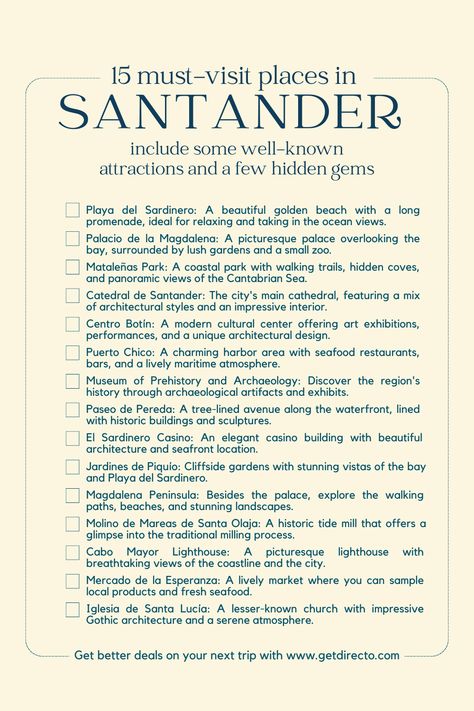 Unlock the 15 Must-Visit Places in the Heart of Santander. Save it for your next trip to Santander, Spain. More information on the link⬆️ #TravelSantander #BucketListSantander #thingtodoSantander Santander attractions | Santander activities | Santander travel | things to do in Spain | Spain attractions | Santander museums | Santander things to do Marrakesh Travel, Things To Do In Spain, Santander Spain, Marrakesh Morocco, Travel Things, Travel Inspiration Destinations, Morocco Travel, Barcelona Travel, Travel List