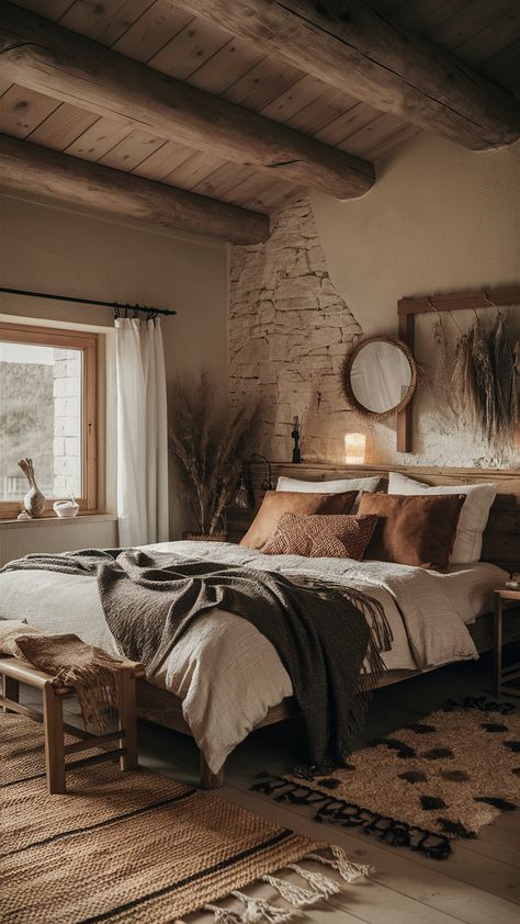 21 Stylish Men Bedroom Ideas for a Masculine and Cozy Interior | Decor & Design Brown Wall Bedroom Ideas Cozy, Brown Bed Frame Bedroom Ideas, Rustic Home Bedroom, Layered Rugs Bedroom, Earth Tone Bedding, Rustic Bedroom Colors, Rustic Modern Bedroom, Men Bedroom Ideas, Bedroom Industrial Chic