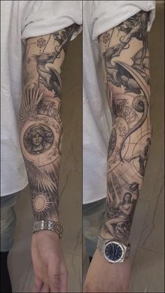 Full Sleeve Landscape Tattoos, Small Fill In Tattoos For Sleeve Men, Dandelion Leg Tattoo, Sleeves Tattoos For Guys, Cluster Tattoos, Greek Mythology Sleeve Tattoo, Ideas Tatuajes Hombre, Linework Tattoo Sleeve, Greek Sleeve Tattoo