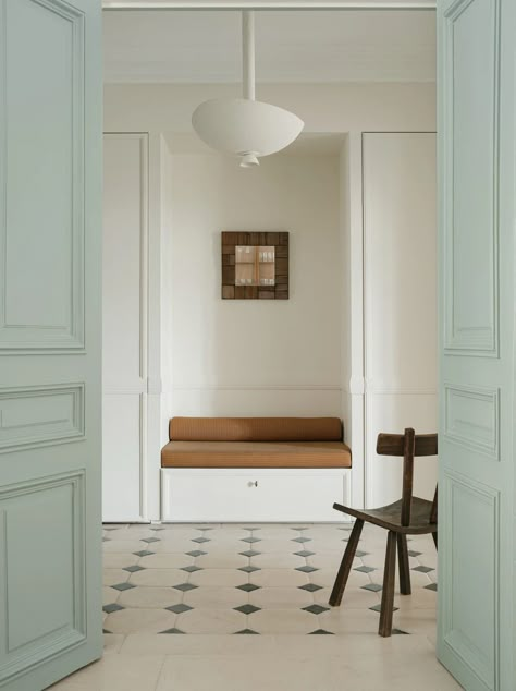 INVALIDES | LIZEEHUGOT Tiled Hallway, Paris Apartments, Apartment Design, Interior Inspo, House Inspo, Joinery, Seat Cushion, Interior Inspiration, Interior Architecture