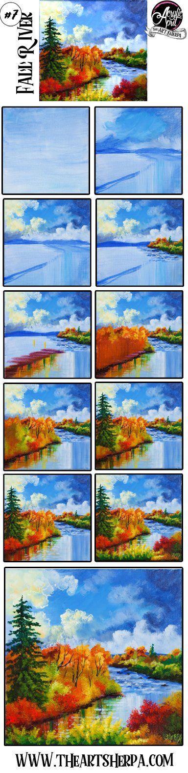 Easy How to paint Autumn Landscape River Acrylic Tutorial Day 7 #AcrylicApril2021 | TheArtSherpa Scenery Painting Acrylic Easy Step By Step, River Painting Acrylic Tutorial, River Canvas Painting, Diy Fall Paintings On Canvas Easy, River Acrylic Painting, Paint Autumn, Step By Step Art, Seaside Landscape, Art Sherpa