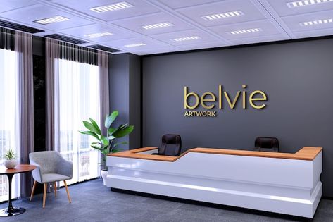 Office reception 3d logo mockup | Premium Psd #Freepik #psd #office-logo-mockup #office-reception #office-logo #office-mockup Reception Decorations Office, Reception Back Wall Design, Law Office Design, Reception Office, Shop Counter Design, Steel Home Accessories, Ceo Office, Agency Office, Lobby Sign