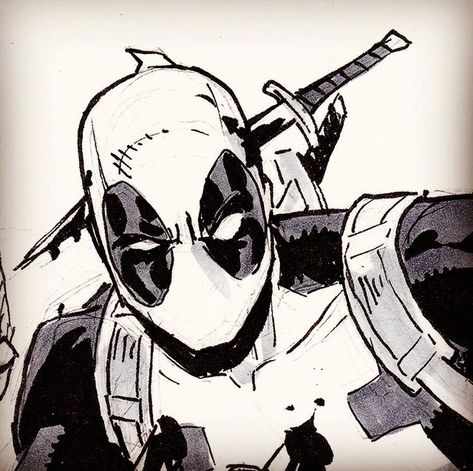 Deadpool Black And White, Deadpool Pfps, Deadpool Sketch, Bust Sketch, Black Deadpool, Deadpool Icon, Deadpool Drawing, Deadpool Art, Deadpool And Spiderman