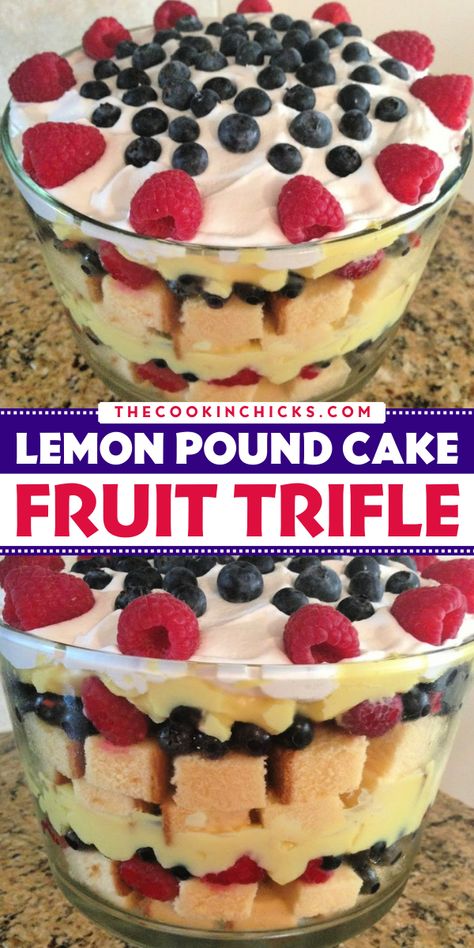 Looking for new spring dessert ideas? Check out this moist, Lemon Pound Cake Fruit Trifle recipe! It's an easy Easter dessert recipe that takes  pound cake, fresh berries, a lemon pudding mixture, and whipped cream then combines them into a delicious dessert that everyone can enjoy! Spring Trifle Desserts Easter, Spring Trifle Desserts, Pound Cake With Fruit And Whipped Cream, Easter Trifle Recipes, Pound Cake Trifle Recipes, Pound Cake Trifle, Easy Holiday Baking, Fruit Trifle, Fruit Cake Recipe Christmas