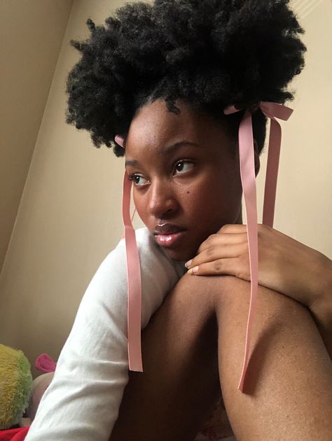 Ribbon Hairstyle 4c Hair, 4c Hair Ribbon, Natural Hairstyles Afro, Curly Natural Hairstyles, Pixie Aesthetic, Dark Photoshoot, Hairstyles Afro, Type 4c Hairstyles, Headwrap Hairstyles