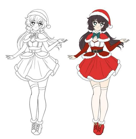 Chica de anime manga vestida con traje d... | Premium Vector #Freepik #vector #navidad #invierno #mujer #linea Christmas Clothes Drawing, Christmas Girl Drawing, Female Santa, Christmas Anime, Drawing Ideas Color, Outfit Anime, Santa Dress, Santa Costume, Kawaii Christmas