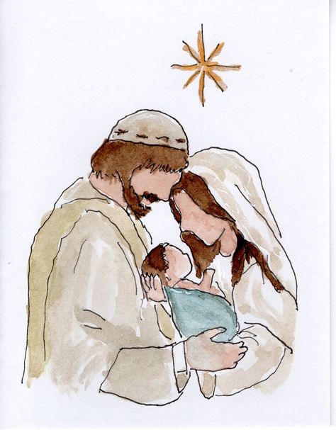 Jesus Art Christmas, Baby Jesus In Manger Drawing, The Nativity Of Jesus, Lds Christmas Art, Nativity Bible Journaling, Christian Christmas Drawings, Nativity Scene Drawing Simple, Watercolor Jesus Painting, Keep Christ In Christmas Poster Ideas