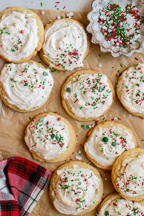 Super soft, chewy, and easy to make drop sugar cookies are perfect for the holiday season or can be made year round with different sprinkles or frosting colors. #christmascookies #cookies #holidaycookies #holidaybaking #dropsugarcookies #sugarcookies #cookieexchange #easycookies Christmas Baking Sugar Cookies, Fluffy Sugar Cookie Frosting, Christmas Cookie Decorating Aesthetic, Sugar Cookies And Frosting, Christmas Sugar Cookies Frosting, Frosted Christmas Sugar Cookies, Christmas Crumbl Cookie, Christmas Cookies With Frosting, Sprinkle Christmas Cookies