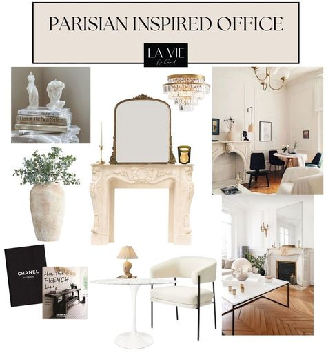 Parisian Office Decor, Parisian Chic Style Home, Parisian Office, Modern Parisian Interior, Parisian Chic Interior, French Wardrobe Basics, Parisian Modern, Parisian Interior Design, Modern Parisian