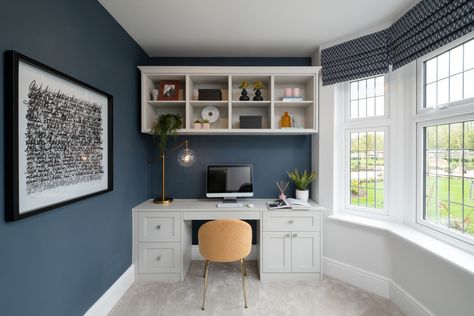 Blue Home Office Walls, Blue Grey Home Office, Navy And Grey Office, Blue Wall Office Ideas, Small Blue Office, Dark Blue Office Walls, Blue Office Walls, Navy Blue Office Walls, Grey Blue Office