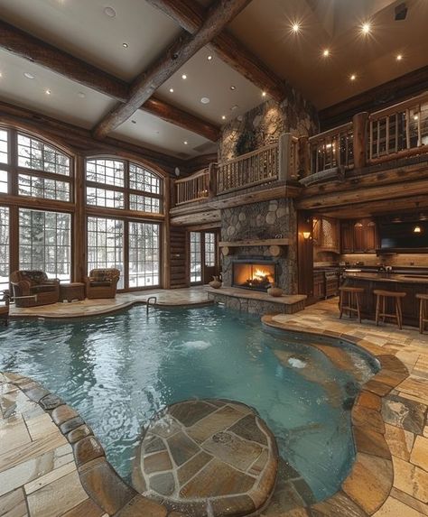 Fancy Cabin, Home Indoor Pool, Cabin Indoor, Crazy Pool, Lazy River Pool, Dream Horse Barns, Log Cabin Ideas, Indoor Pools, Dream Life House