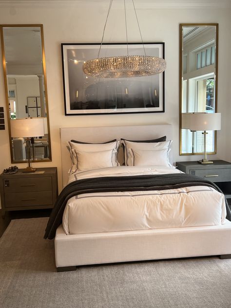 Tall Mirrors Above Nightstand, Restoration Hardware Small Bedroom, Restauration Hardware Bedroom, Bougie Master Bedrooms, Luxury Hotel Bedroom Aesthetic, Hotel Inspired Guest Bedroom, Z Gallerie Bedroom, Lux Hotel Room, Glam Small Bedroom