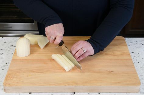 How To Cut Jicama How To Cut Jicama, Jicama Slaw, Chicken Milanese, Roasted Fennel, Knife Skill, Blueberry Lemon Cake, Steak Knife Set, Food Charts, Vegetable Peeler