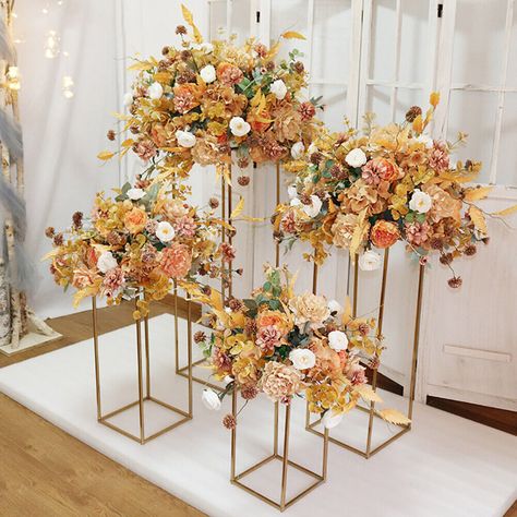 Large Wedding Table Centerpieces, Flower Ball Centerpiece, Geometric Shelf, Geometric Shelves, Fall Flower Arrangements, Wedding Props, Flower Stand, Geometric Flower, Flower Ball