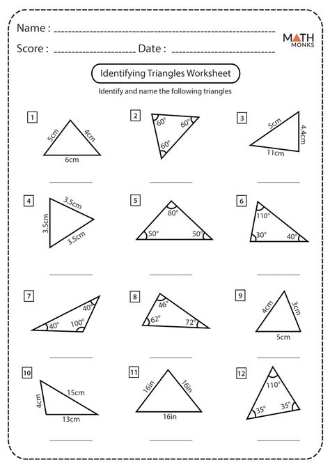 Classifying Triangles Worksheets - Math Monks Classify Triangles, Kinds Of Triangles, Types Of Triangles, Triangles Activities, Classifying Triangles, Triangle Math, Similar Triangles, Triangle Angles, Distance Formula