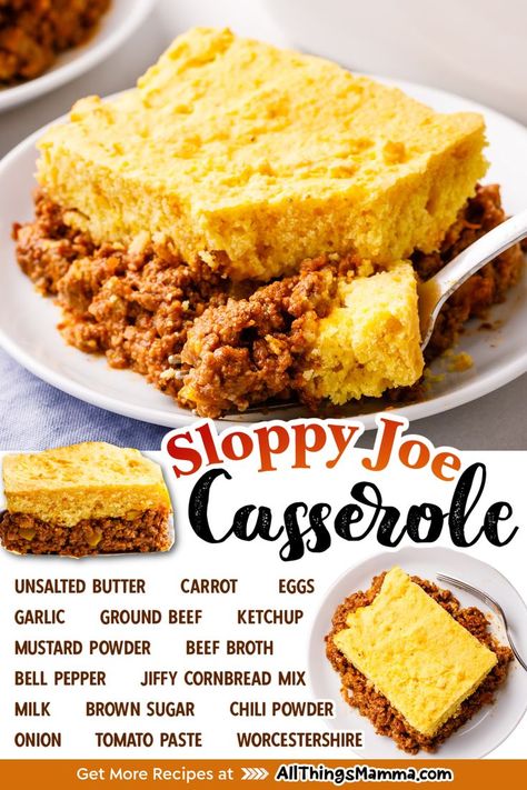 serving of Sloppy Joe Casserole served on a white round plate with a silver fork. ingredients to make Sloppy Joe Casserole. Sloppy Joe Cornbread Bake, Cornbread Beef Casserole, Sloppy Joe Cornbread Casserole, Sloppy Joe Cornbread, Ground Beef And Veggies, Jiffy Recipes, Beef And Veggies, Breakfast Skillet Recipes, Sloppy Joe Casserole