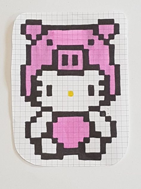 Graph Paper Drawings, Hello Kitty Crafts, Easy Pixel Art, Pixel Drawing, Geometric Pattern Art, Pix Art, Pixel Art Grid, Kitty Drawing, Hello Kit