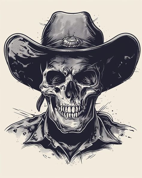 Cowboy Skull Art, Cowboy Tattoo Design, Skull With Cowboy Hat Tattoo, Western Skull Tattoo, Skull With Cowboy Hat, Cowboy Skull Tattoo, Cowboy Hat Tattoo, Skeleton Cowboy, Evil Skull Tattoo