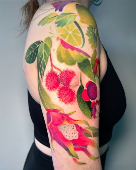 Cecilia Páramo | A half sleeve of fruits to remember the taste of her travels! Do you know what fruits they are? leave it in the comments!! 🍋‍🟩 Thanks so m… | Instagram Fruit Tattoo, Do You Know What, Body Mods, Color Tattoo, Cute Tattoos, Tattoo Studio, The Taste, Half Sleeve, Dublin