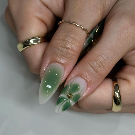 Gel X Nails Green, Jade Colored Nails, Almond Green Nails, Dark Green Aura Nails, Black And Green Aura Nails, Purple Jade Nails, Sage Green Aura Nails, Aura Nails Green, Green Aura Nails Almond