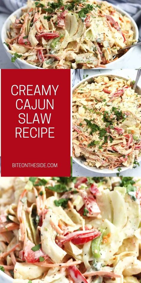 Add some spice to your slaw with this tasty recipe! This creamy cajun coleslaw is simple and easy to make with just a few ingredients. Perfect to serve with BBQ and roasted meats, it's a great make ahead side that everyone will devour! Cajun Slaw Recipe, Cajun Coleslaw Recipe, Cajun Coleslaw, Greek Salsa Recipe, Coslaw Recipes, Coleslaw Recipe Easy, Cabbage Salad Recipes, Salad Recipes Healthy Easy, Bbq Side Dishes