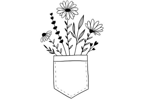 Dibujos Bordados Ideas, Tshirt Drawing Ideas, Embroidery Drawing Pattern, Line Art Drawings Flowers, Flower In Pocket, Pocket Tattoo, Embroidery Flowers Pattern Templates, Pocket Embroidery Design, Pocket Illustration