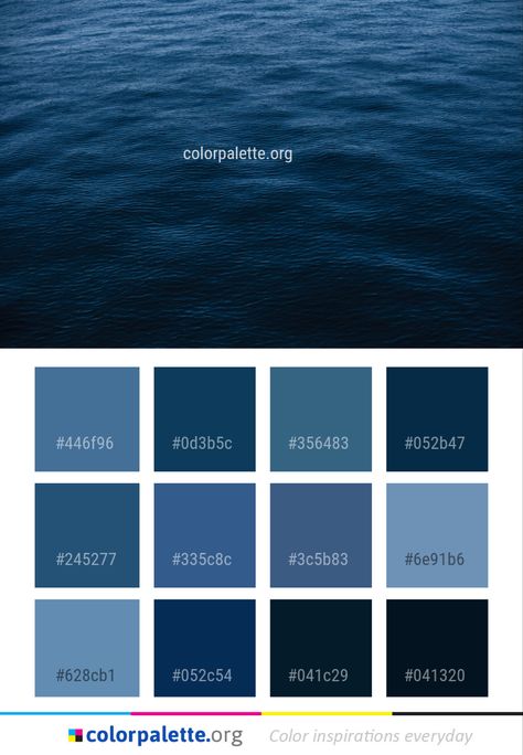 Color Palette Water, Blue Shades Colors, Sea Blue Color, Dark Slate Blue, Colors Inspiration, Hex Color Palette, Blue Color Palette, Colors And Emotions, Sea Colour