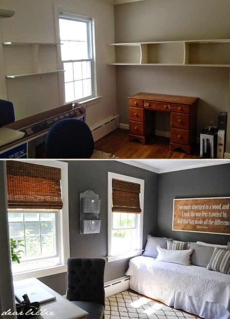 Jason’s Home Office/Guest Room | Decor 10 Creative Home Design Office Guest Room Combo Ideas, Plank Shelves, Bedroom And Office Combo Ideas, Guest Bedroom Office Combo, Guest Room Office Ideas, Guest Room Combo, Bedroom Office Combo, Home Office Guest Room Combo, Office Redo