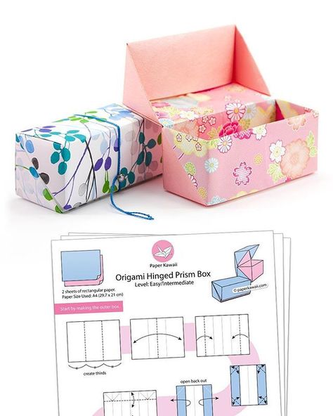 Origami Hinged Prism Gift Box - Diagram available for $1 on my shop. Hope you like it! 💗 (shop.paperkawaii.com) This origami box is easy to make using 2 sheets of rectangular paper, it doesn’t need glue 😁 #origami #origamibox #giftbox #paperfolding #paperkawaii #foldoftheday #instaorigami #modularorigami #diagram #origamidiagram #origamiinstructions #paper #paperbox #diy #diybox Diy Origami Box, Origami Kutu, Origami Box Easy, Big Gift Boxes, Paper Kawaii, Origami Gift Box, Origami Gifts, Origami Diagrams, Tutorial Origami