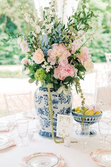 Almost All Decor Was Brought in from Family Homes to Create the Ultimate Personalized Wedding! – Style Me Pretty Chinoiserie Wedding, Blue Wedding Inspiration, Wedding Lighting, Wedding 2024, Wedding Decor Elegant, Family Homes, Wedding Flower Arrangements, Reception Decorations, Blue Wedding