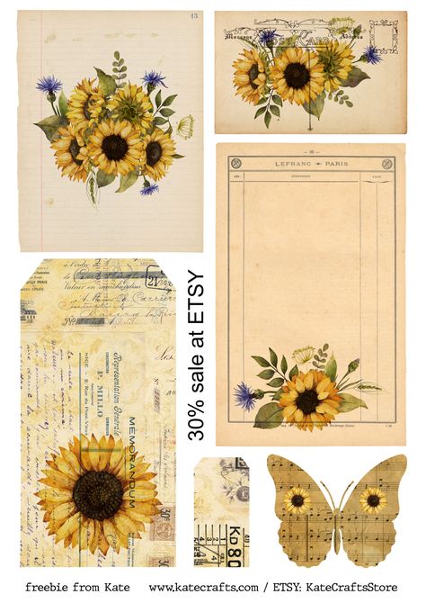 FREEBIE 30% sale Sunflower Autumn, Scrapbooking Freebies, Free Printable Stationery, Scrapbook Printing, Free Vintage Printables, Rose Tutorial, Botanical Illustration Vintage, Scrapbook Stickers Printable, Bullet Journal Art